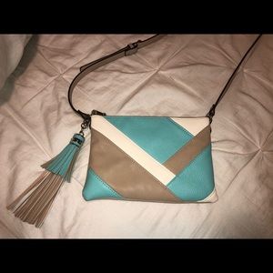 teal and tan small purse